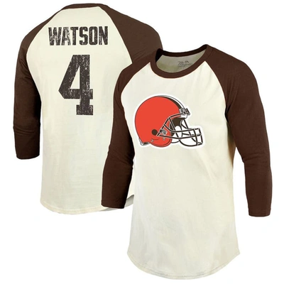 Majestic Threads Deshaun Watson Cream/brown Cleveland Browns Vintage Player Name & Number Raglan 3/4 In Cream,brown