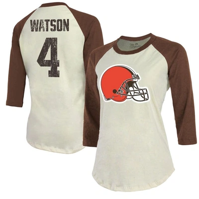 Majestic Threads Deshaun Watson Cream/brown Cleveland Browns Name & Number Raglan 3/4 Sleeve T-shirt In Cream,brown