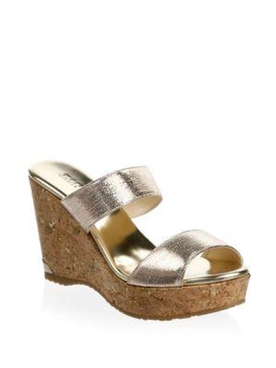 Jimmy Choo Parker 100 Metallic Textured-leather Wedge Sandals In Gold