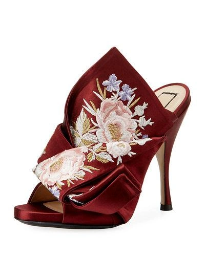 N°21 Floral-embroidered Satin Mule Pump In Red