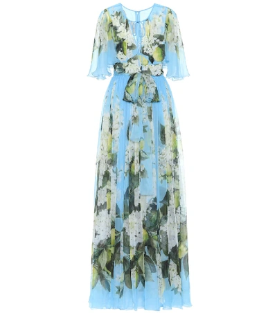 Dolce & Gabbana Floral Print Lightweight Silk Long Dress In Blue