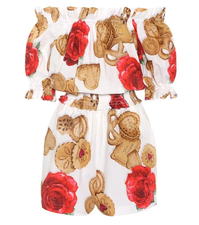 Dolce & Gabbana Off-the-shoulder Biscuit Rose Print Playsuit In Multicoloured