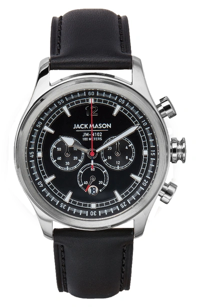 Jack Mason Nautical Chronograph Leather Strap Watch, 42mm In Black/ Black