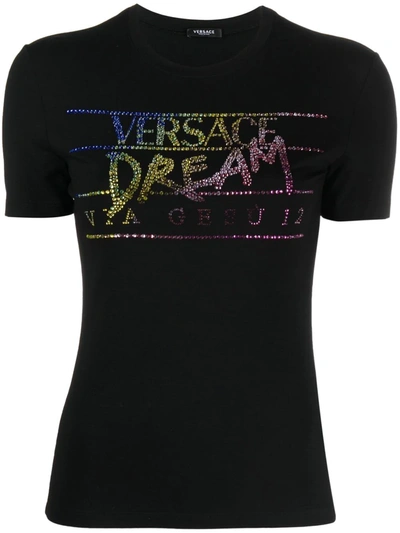 Versace Rhinestone-embellished Slogan T-shirt In Black