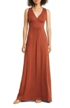 Loveappella V-neck Jersey Maxi Dress In Hazelnut