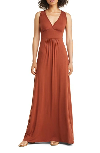 Loveappella V-neck Jersey Maxi Dress In Hazelnut