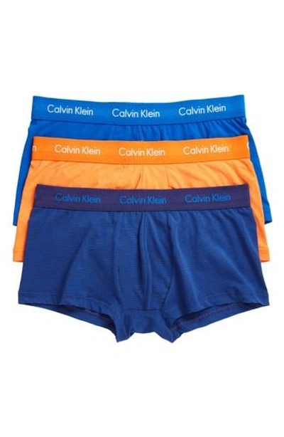 Calvin Klein 3-pack Stretch Cotton Low Rise Trunks In Blue/ Muscari/ Stripe Sunset