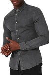 Topman Muscle Fit Bleach Denim Shirt In Grey