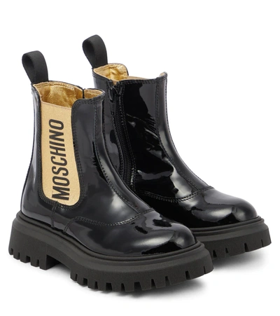 Moschino Kids' Logo-branded Patent-leather Chelsea Boots 6-9 Years In Blk/other