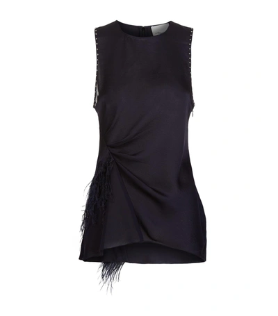 3.1 Phillip Lim / フィリップ リム Navy Feather-trimmed Silk Top In Mid Blu