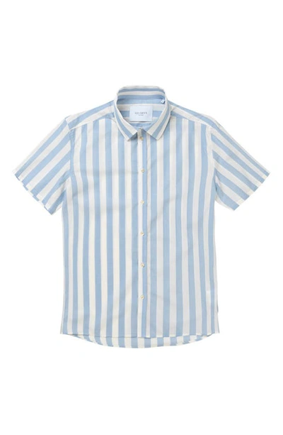 Les Deux Leon Stripe Organic Cotton Short Sleeve Button-up Shirt In Bel Air Blue/ Whisper White