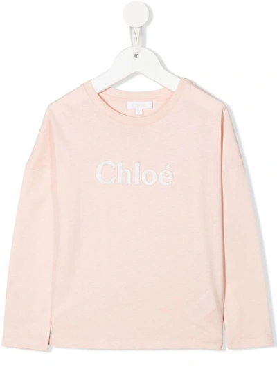 Chloé Kids Pink Long Sleeve T-shirt With Boucle Logo