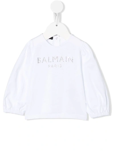Balmain Babies' Crystal-embellished Logo T-shirt In Weiss