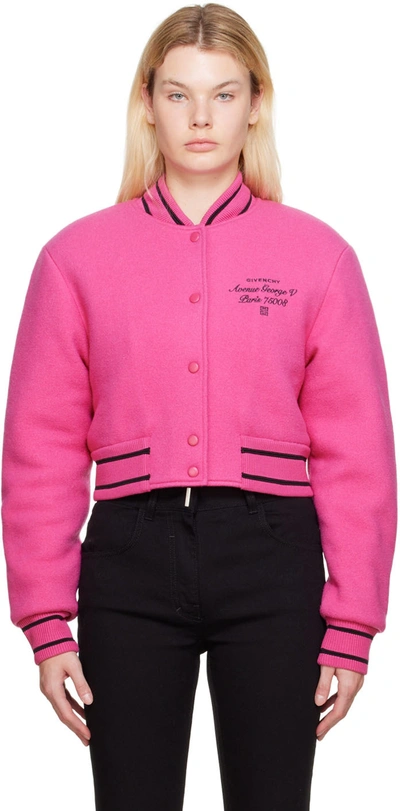 Givenchy Woman Bomber Jacket In Fuchsia Virgin Wool With Contrast Embroidery In Pink Black