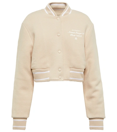 Givenchy Logo-embroidered Crop Wool Bomber Varsity Jacket In Beige