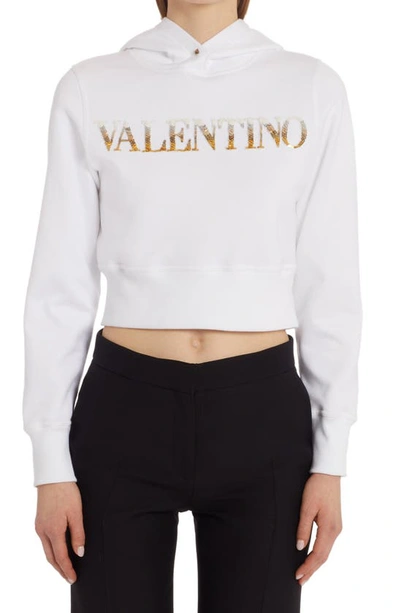 Valentino Logo-sequinned Cropped Hoodie In White