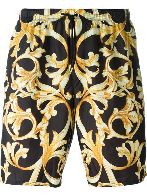 Versace Baroque Print Swim Shorts In Black / Gold | ModeSens