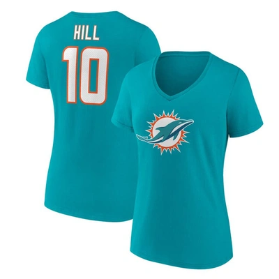 Fanatics Women's  Tyreek Hill Aqua Miami Dolphins Player Icon Name And Number V-neck T-shirt