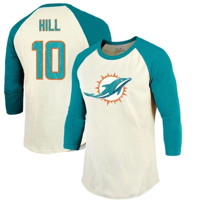 Majestic Threads Tyreek Hill Cream/aqua Miami Dolphins Vintage Player Name & Number Raglan 3/4-sleev In Cream,aqua