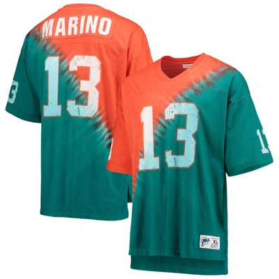 Mitchell & Ness Dan Marino Orange/aqua Miami Dolphins Retired Player Name & Number Diagonal Tie-dye In Orange,aqua