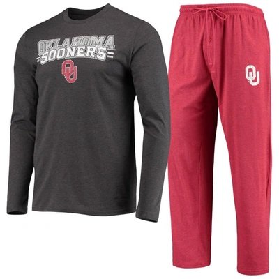 Concepts Sport Crimson/heathered Charcoal Oklahoma Sooners Meter Long Sleeve T-shirt & Pants Sleep S In Crimson,heathered Charcoal