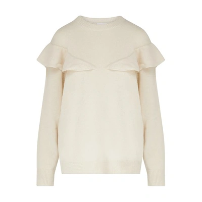 Chloé Ruffle Detail Rib Trim Sweater In White Powder