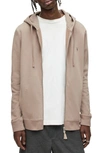 Allsaints Raven Cotton Embroidered Logo Regular Fit Full Zip Hoodie In Seawood Tan