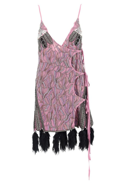 Attico Embroidered Mini Dress W/ Tassels In Pink