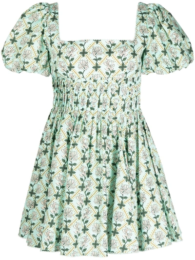 Agua By Agua Bendita + Net Sustain Caramelo Pintucked Floral-print Cotton-poplin Mini Dress In Herbal