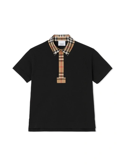 Burberry Kids' Black Polo T-shirt With Vintage Check Motif In Cotton Baby