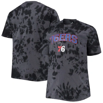 Profile Men's Black Philadelphia 76ers Big And Tall Marble Dye Tonal Performance T-shirt