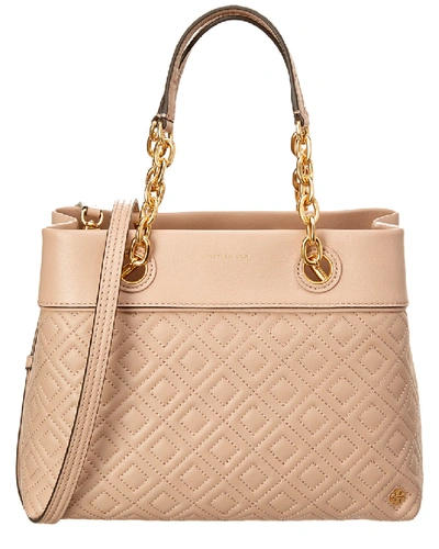 Tory Burch Fleming Triple Compartment Leather Tote In Beige