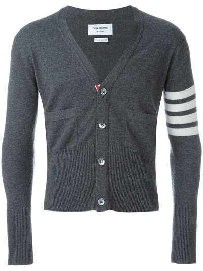 Thom Browne Short V-neck Cardigan With 4-bar Stripe In Medium Grey Cashmere In Black & Charcoal
