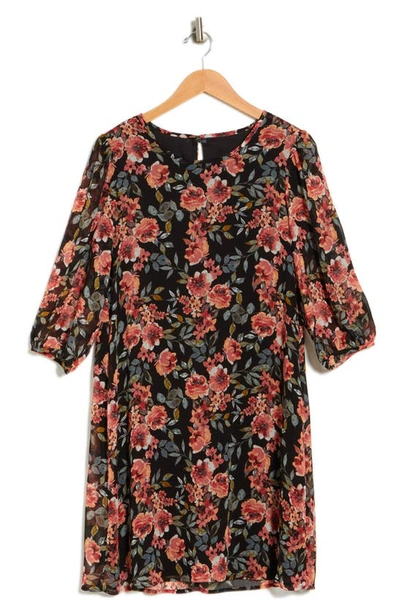Connected Apparel Floral Balloon Sleeve Shift Dress In Pumpkin