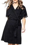 Petite Plume Pima Cotton Lace-trim Robe In Black