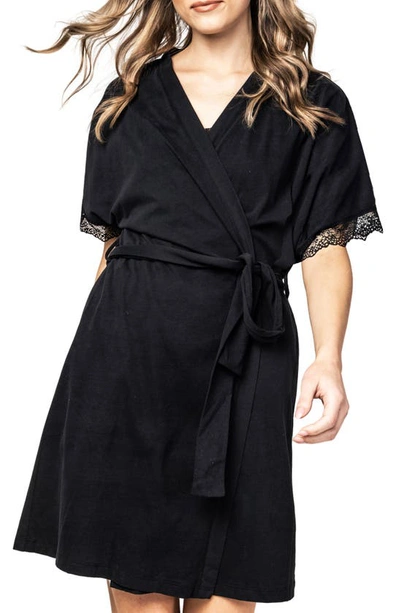 Petite Plume Pima Cotton Lace-trim Dressing Gown In Black