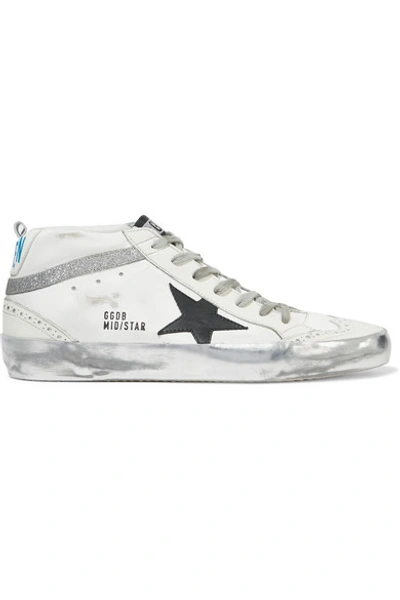 Golden Goose Mid Star Glittered Distressed Leather Sneakers In White