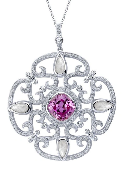 Lafonn Micro Pave Simulated Diamonds & Lab Grown Pink Sapphire Moonlight Pendant Necklace In White/pink
