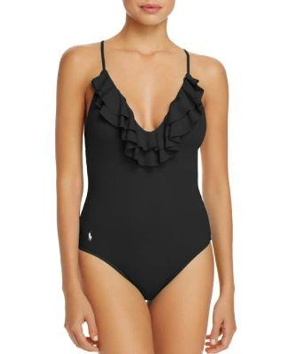 Polo Ralph Lauren Double Ruffle One Piece Swimsuit In Black