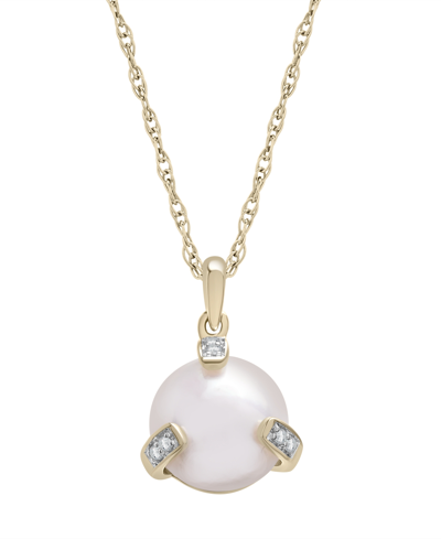 Macy's Cultured Freshwater Pearl With Diamond Accent Fashion Pendant Necklace In 14k Yellow Gold