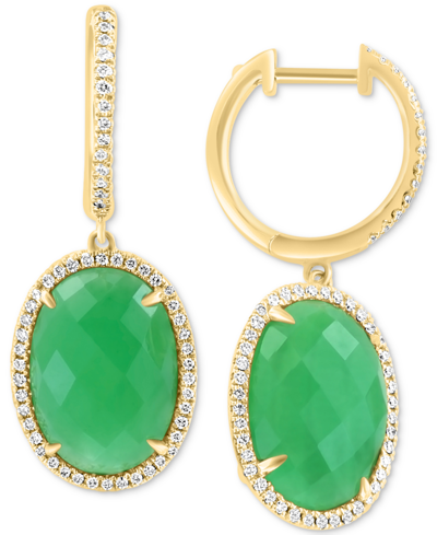 Effy Collection Effy Dyed Green Jade & Diamond (1/3 Ct. T.w.) Oval Dangle Hoop Earrings In 14k Gold In K Yellow Gold