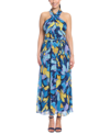 London Times Women's Floral-print Wrap-neck Tie-front Halter Maxi Dress In Blue/yellow