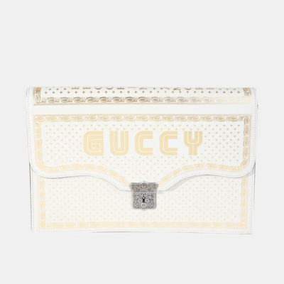 Pre-owned Gucci White Calfskin Leather Star Printed Star Printed Guccy Portfolio Clutch Bag