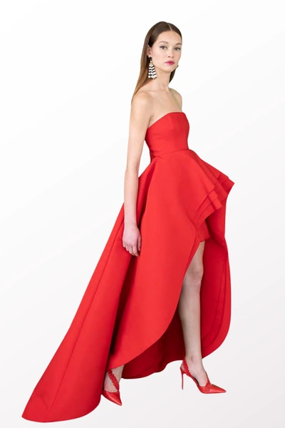 Carolina Herrera Strapless Tiered Ruffle High-low Silk Gown In Red