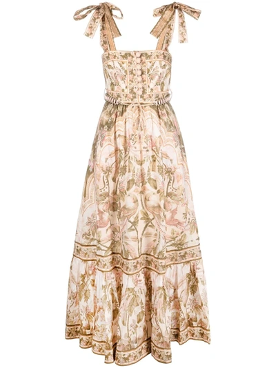 Zimmermann Lyre Belted Tiered Bead-embellished Printed Linen Maxi Dress In Multicolor
