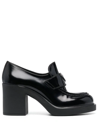 Prada Chocolate High-heeled Brushed Leather Loafers In Black