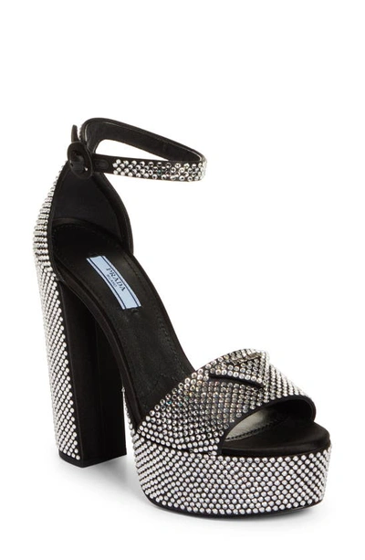 Prada Logo Crystal-embellished Platform Ankle-strap Sandals In Black