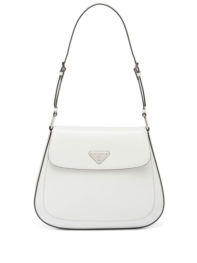 Prada Cleo Brushed Leather Shoulder Bag With Flap In White