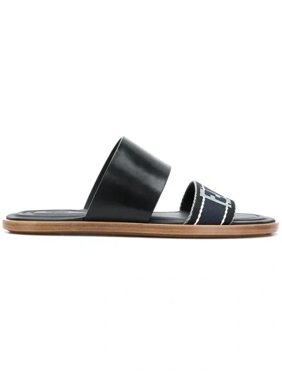 Fendi Double Strap Leather Slide Sandals In Black Blue