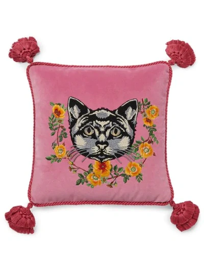 Gucci Velvet Cushion With Cat Embroidery In Pink Velvet